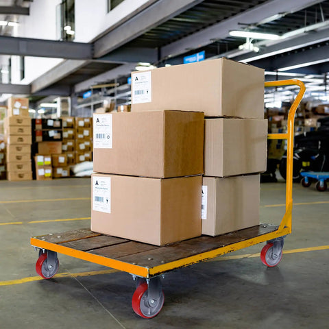 4 Inch Heavy Duty Caster Wheels With Slick Polyurethane On Steel Set Of Four For Heavy Hauling Carts And Furniture Featuring Two Smart Locking Brakes Rock Solid Build Handles Two Thousand Pounds No Sweat on a loading cart with cardboard boxes.