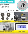 Mini metal lathe on a benchtop with a 3-jaw chuck, variable speed dial, aluminum handwheel, and digital RPM display.