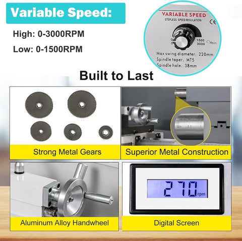 Mini metal lathe on a benchtop with a 3-jaw chuck, variable speed dial, aluminum handwheel, and digital RPM display.