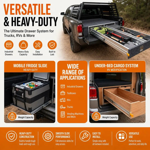 Truck with Beefy Locking Drawer Slides 500 lb Capacity Side Mount Runner Pair, storing tools and equipment in cargo bed