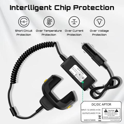 Rapid Charge Car Charger Cable For TC7x Series Barcode Scanners Delivers A Full Charge From Empty To One Hundred Percent In About Four To Five Hours On The Go And In Vehicle Ready shown with intelligent chip protection