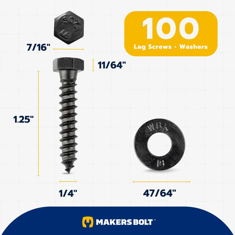 Heavy Duty Lag Screw Kit One Quarter By One And A Quarter Inch With One Hundred Screws And One Hundred Washers Ceramic Black Ruspert Coating