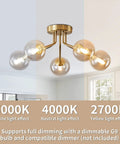 Gold Five Light Sputnik Style Ceiling Light Semi Flush Mount With Glass Globe Pendant Lamps shown installed with light effects