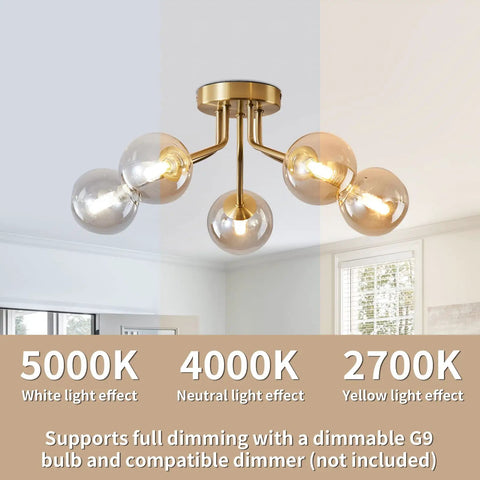 Gold Five Light Sputnik Style Ceiling Light Semi Flush Mount With Glass Globe Pendant Lamps shown installed with light effects
