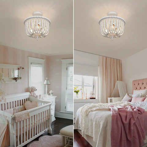 White Wood Bead Boho Chandelier Three Light Semi Flush Mount Ceiling Light For Nursery And Kids Rooms, cozy vibes.