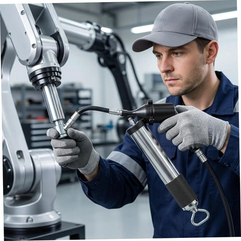 Technician using Heavy-Duty 6000 PSI Pneumatic Grease Gun With 18-Inch High-Pressure Hose For Automotive And Industrial Maintenance