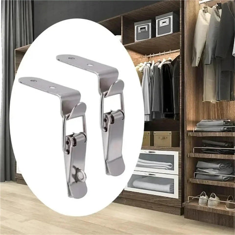 90 Degree Duck Mouth Buckle Lock With Silver Metal Spring Hasp Latch in front of a wardrobe
