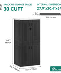 DIY Ready Outdoor Tall Storage Cabinet With Four Shelves Waterproof Resin Shed, 30 cu ft, dark gray, dimensions and branding shown