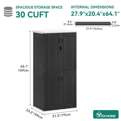 DIY Ready Outdoor Tall Storage Cabinet With Four Shelves Waterproof Resin Shed, 30 cu ft, dark gray, dimensions and branding shown