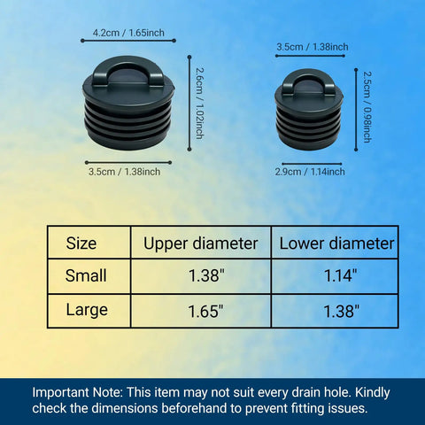 Large 8 Pack Kayak Scupper Plugs Kit With Silicone Handle, size dimensions chart for small and large plugs, black color