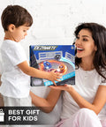 Child receiving Stadium Battling Set With 4 Spinning Tops 2 Launchers And Arena Featuring X Acceleration Rail gift