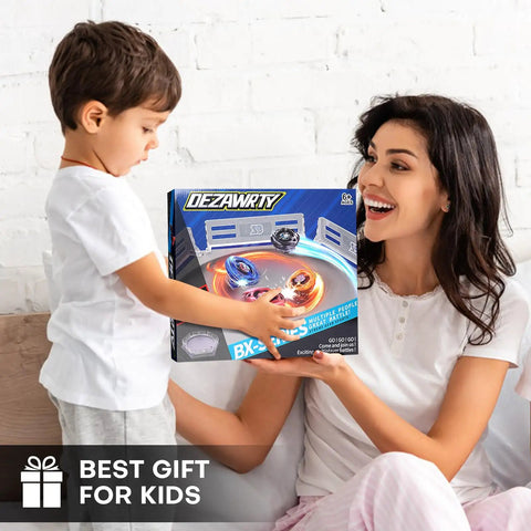 Child receiving Stadium Battling Set With 4 Spinning Tops 2 Launchers And Arena Featuring X Acceleration Rail gift
