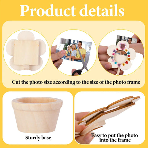 DIY Paintable Wooden Flower Photo Holders And Picture Frames Craft Kit With 28 Unfinished Flower Ornaments, Gem Stickers And Three Styles for visual examples of assembly and decoration.