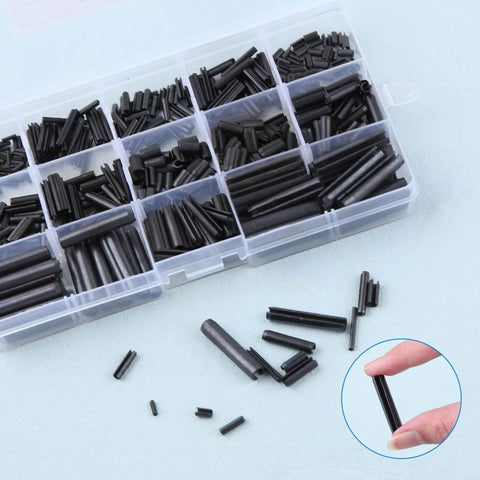550 Piece Roll Pin Set With Storage Case For Diy Home Improvement And Auto Repair Slotted Hollow Roll Pins Made From 65Mn Steel With Black Oxide Finish Expansion Pins That Flush Install Includes Sizes M1.5 Through M6 in a clear storage box