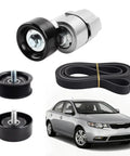 Fresh Tensioner Idler Pulley And VRibbed Serpentine Belt Kit For Kia Hyundai Santa Fe Sport Sonata Tucson Optima Sorento Sportage 2011 To 2015 Smooth Ride Repair includes black pulleys and belt