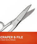 Heavy Duty Five Inch Electrician Scissors With Serrated Bottom Blade And Dual Gauge Stripping Notches For Pro Contractors And Diy Builders built tough, showing scraper and file on back end.