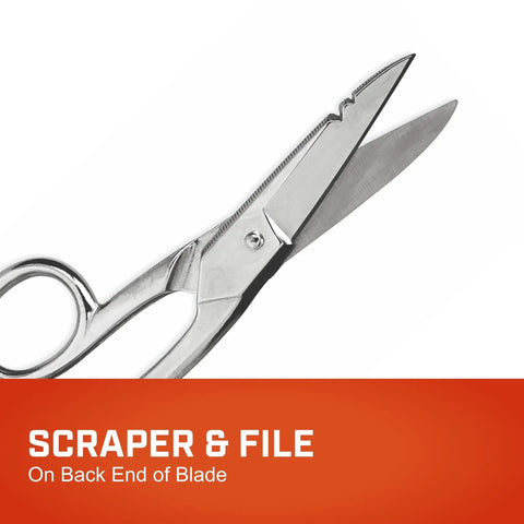 Heavy Duty Five Inch Electrician Scissors With Serrated Bottom Blade And Dual Gauge Stripping Notches For Pro Contractors And Diy Builders built tough, showing scraper and file on back end.