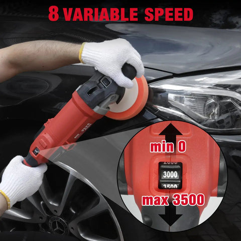 7-Inch Buffer Polisher With 8 Speed Settings 600-3500 RPM Detachable Handle Soft Start 1250W 12 Amp Motor in use on car