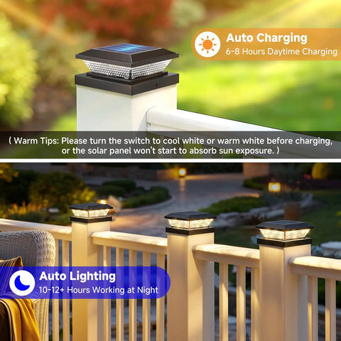 Slick 16 Pack Black Solar Post Cap Lights For 4X4 Wooden Or Vinyl Fences on railing with auto charging feature.