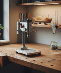 Mini Drill Press Bench Tool With ER11 Chuck And Micrometer on wooden workshop bench, tools in background