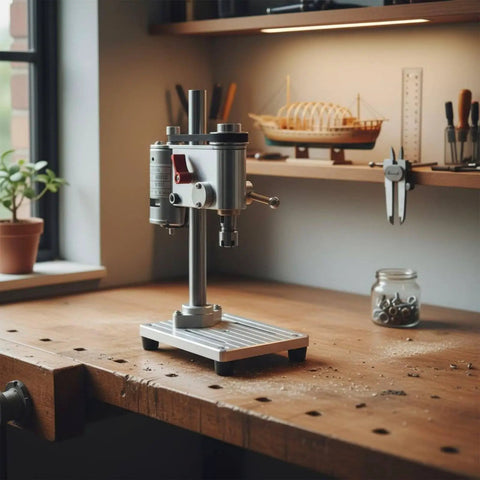 Precision Benchtop Drill Press With Cross-Slide Vise Three Jaw Chuck Aluminum Steel Portable Miniature Machine on wooden workbench.