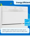 Compact Countertop Dishwasher With No Sweat Faucet Hookup Six Place Setting Capacity Six Rapid Wash Cycles Heavy Duty Silverware Tray Matte White Build front view with energy star certification.