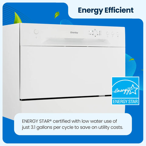 Compact Countertop Dishwasher With No Sweat Faucet Hookup Six Place Setting Capacity Six Rapid Wash Cycles Heavy Duty Silverware Tray Matte White Build front view with energy star certification.
