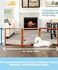22 To 62 Inch Super Wide Dog Gate With Small Pet Door, premium wooden three panel design freestanding in a living room