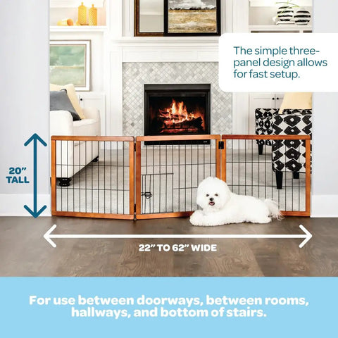 22 To 62 Inch Super Wide Dog Gate With Small Pet Door, premium wooden three panel design freestanding in a living room