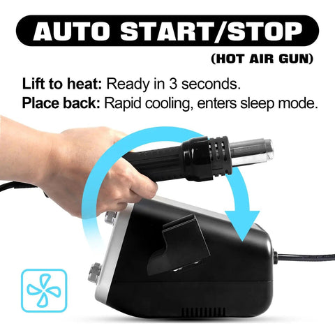 Person using All In One Hot Air Rework And Soldering Station With 760W High Power, showing hot air gun with auto start/stop feature.