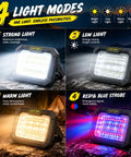 Rechargeable Camping Solar Light, Solar Work Light with 4 modes displayed: Strong, Low, Warm, and Red & Blue Strobe modes.