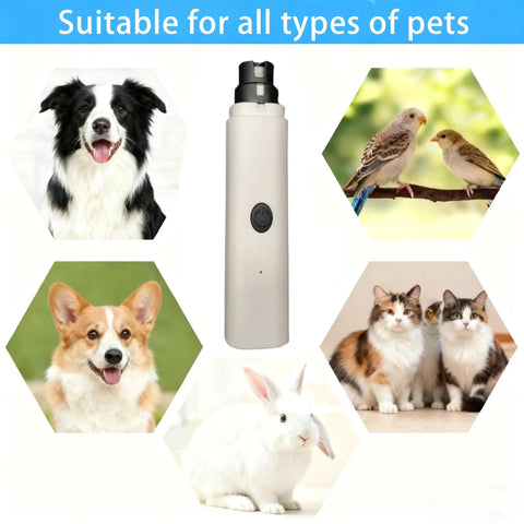 Quiet Electric Pet Nail Grinder For Dogs And Cats Featuring Dual Speed Modes And Usb Charging With A Safe Guard For Low Noise paw smoothing unit alongside pets.