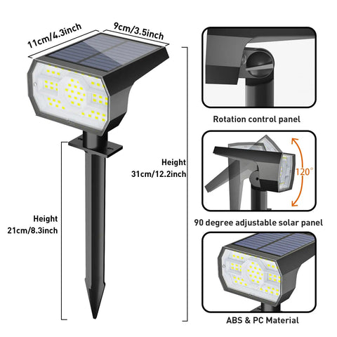 Outdoor Solar Lights IP68 Waterproof 56 LED Garden Path Spotlights With 3 Lighting Modes dimensions and features illustration