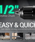 Close-up of the 1/2 inch keyless chuck from the 20V Cordless Hammer Drill Kit With 354 In Lb Torque Beast Power And Precision
