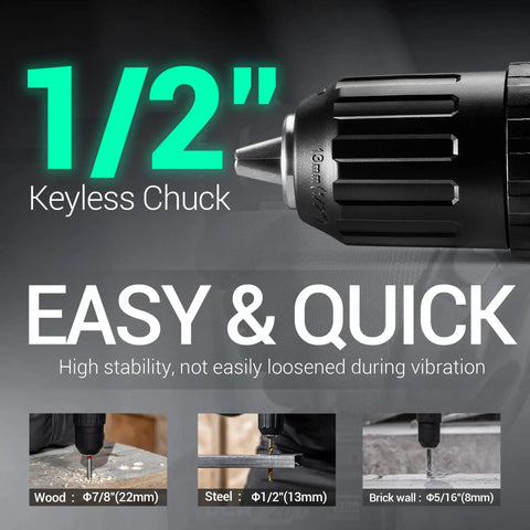 Close-up of the 1/2 inch keyless chuck from the 20V Cordless Hammer Drill Kit With 354 In Lb Torque Beast Power And Precision