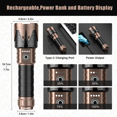 Rechargeable Tactical Flashlight With Ignition Lens, displaying battery levels, Type-C port, and power bank function