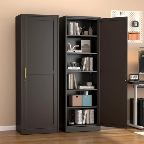 Tall Narrow Metal Storage Cabinet With Lock For Home Office School Garage Or Gym 5 Adjustable Shelves Heavy Duty Steel Locker