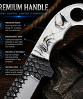 Close-up of Cowboy Style Fixed Blade Knife with resin handle detailing ergonomic grip, for camping, ranch work, and hunting.