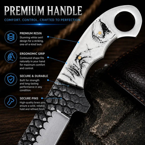 Close-up of Cowboy Style Fixed Blade Knife with resin handle detailing ergonomic grip, for camping, ranch work, and hunting.