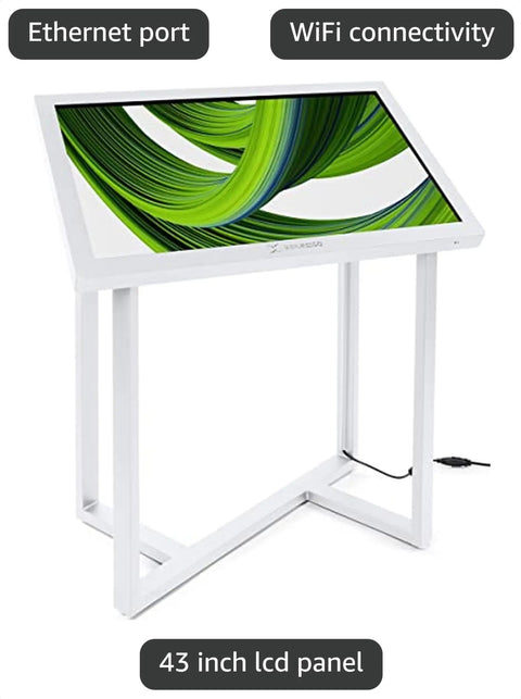Knockout Touchscreen Digital Signage Kiosk Runs Android 11 With Wifi Bluetooth Integration Sleek Aluminum Cabinet Loaded With No Sweat Slideshow Tools For Smooth Storefront Marketing Displays, 43 inch LCD panel with Ethernet and WiFi connectivity.