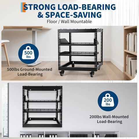 Rock Solid 15U Open Frame Network Server Rack Wall Mount Or Floor Stand Adjustable Depth 23 To 40 Inches heavy duty carbon steel rack for AV IT gear.