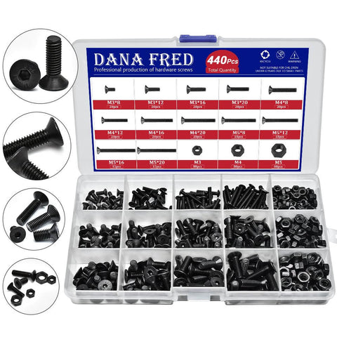 440 Piece Metric Hex Socket Head Cap Screws And Nuts Kit In Alloy Steel 10.9 Black Finish M3 M4 M5 Countersunk Bolts and Nuts