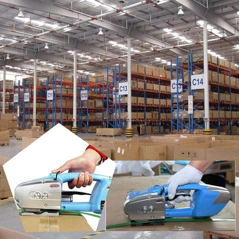 Dfedhf Electric Strapping Machine Automatic Welding Tool For Pp Pet Straps shown in a warehouse, sealing bundles efficiently.