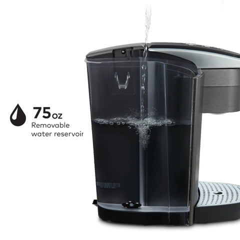 Kick Up Your Morning Routine With This Dope Single Serve Coffee Maker Featuring K Cup Compatibility Strong Brew And Iced Settings Programmable Temp Control Plus Multiple Cup Sizes In Solid Brushed Slate, showing 75oz removable water reservoir.