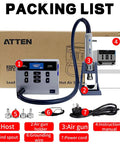 Packing list for Powerful 1000W Hot Air Rework Station with Digital Display showing components and accessories.