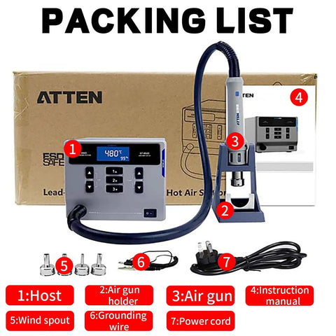 Packing list for Powerful 1000W Hot Air Rework Station with Digital Display showing components and accessories.