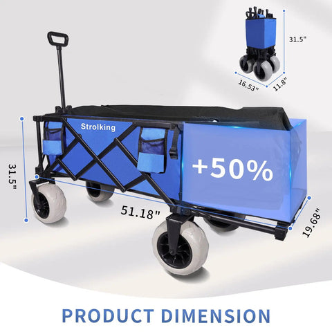 260L Heavy Duty Collapsible Beach Wagon With 9in Sand Wheels And Rear Tailgate, dimensions labeled in blue.