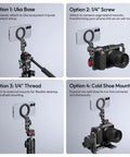 Aluminum Magnetic Phone Tripod Mount MA56 With 1/4 Inch Screw And Arca Base, showing four attachment options for vlogging setups.