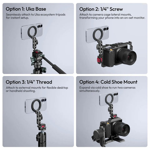Aluminum Magnetic Phone Tripod Mount MA56 With 1/4 Inch Screw And Arca Base, showing four attachment options for vlogging setups.
