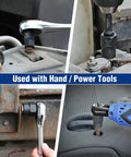 Fifteen-Piece Bolt And Nut Remover Set For Stripped, Damaged, Rounded Off And Rusted Bolts And Nuts Three-Eighth Inch Drive With Universal Chuck And Beefy Impact Adapters showing compatibility with hand and power tools